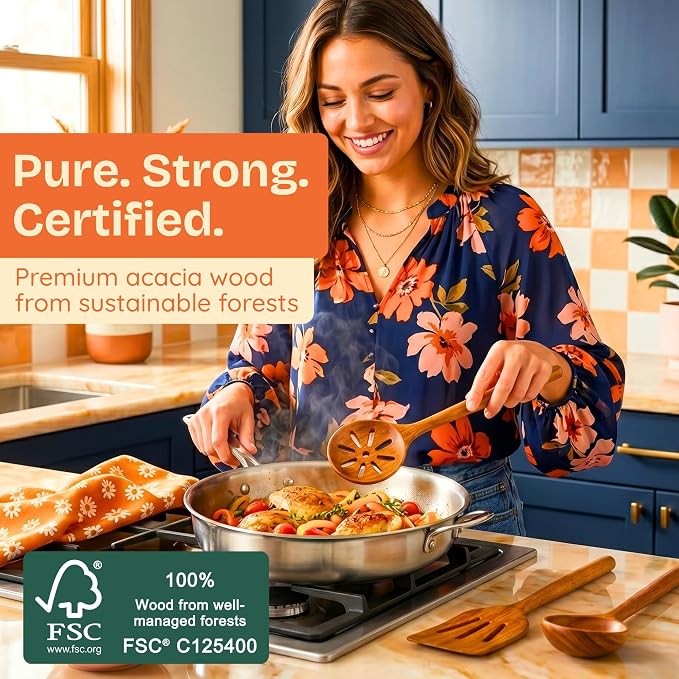 Non-Toxic Wooden Spoons for Cooking– 7-Piece Kitchen Utensils Set, Glue-Free & One-Piece Cooking Utensils, Natural Wooden Utensil Set with Plant-Based Finish, Free of Forever Chemicals