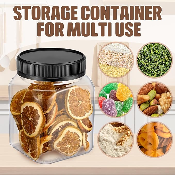 Nosiny 12 Pcs 24 oz Clear Plastic Jars with Lids Square Plastic Container Large Candy Jars with Screw on Lids Refillable Kitchen Storage Containers for Dry Food, Coffee (Black)