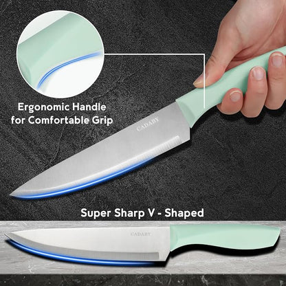 19 PCS Kitchen Cooking Utensils Set, 11 Pieces Silicone Cooking Utensils Set 6 Pieces Sharp Stainless Steel Green Knife Set with 1 Piece Cutting Board, Ideal for Apartment