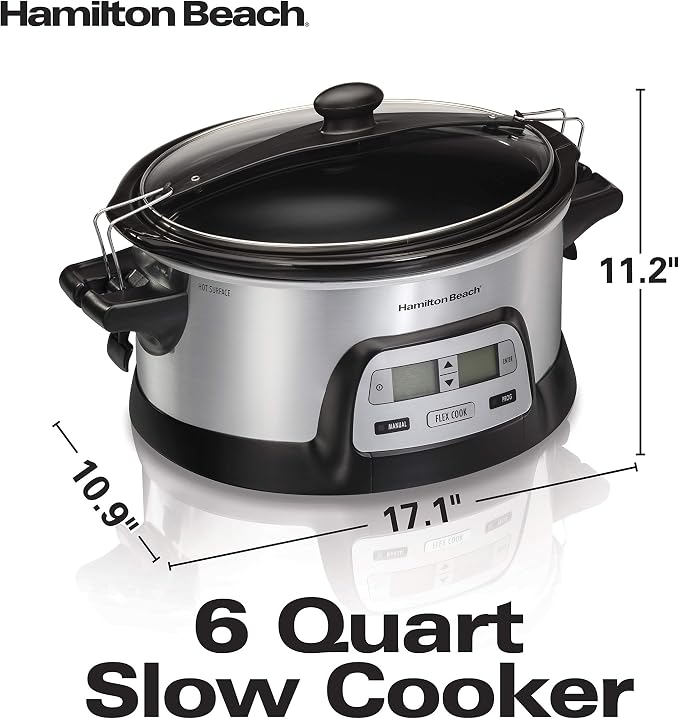 Hamilton Beach 33861 Portable Programmable Slow Cooker, Dishwasher Safe Crock, 6 Qt, FlexCook Dual Digital Timer/2 Heat Settings, Lid Lock for Easy Travel, Silver