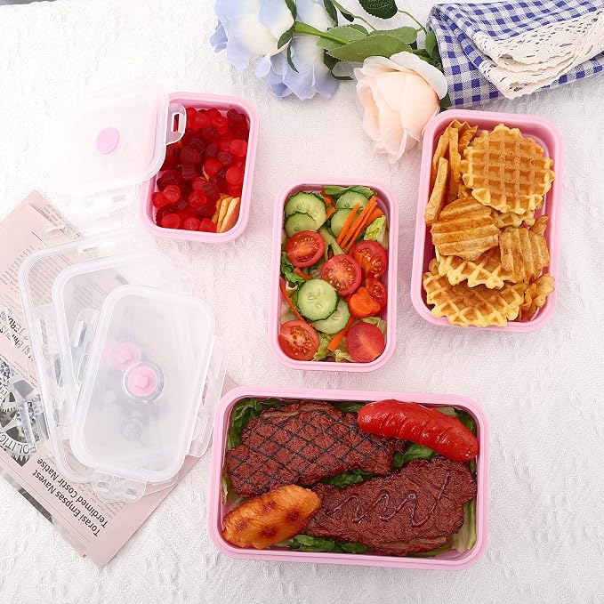 Collapsible Silicone Food Storage Containers with Lids,Set of 4 Silicone Lunch Box Containers,Foldable Meal Prep Container for Kitchen,Microwave & Dishwasher & Freezer Safe,BPA Free(Square Pink,4PCS)