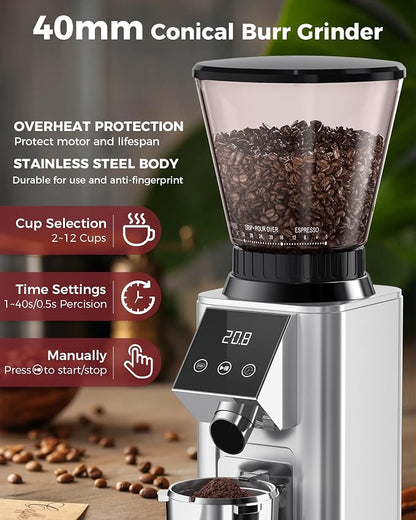 Tuni G1 Silver Conical Burr Coffee Grinder with Black Digital Coffee Scale, 48 Grind Settings Anti-static Coffee Bean Espresso Grinder for Espresso/Drip/Cold Brew/French Press