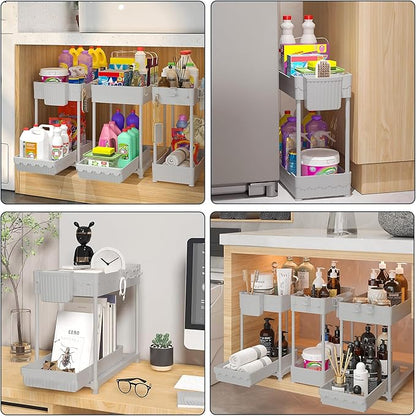 Sevenblue 3 Pack Under Sink Organizers,2-Tier Multi-Use Kitchen and Bathroom Organizers and Storage with Sliding Drawers,Bathroom Cabinet Organizer (Gray, 12.8 Inch)