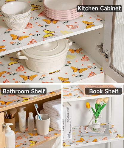 Shelf Liner for Kitchen Cabinets - Non-Adhesive Waterproof and Oil-Proof Drawer Liner, Reusable Protector for Dresser, Wire Shelf, Cupboards(Colorful Butterfly, 17.7" W x 360" L)