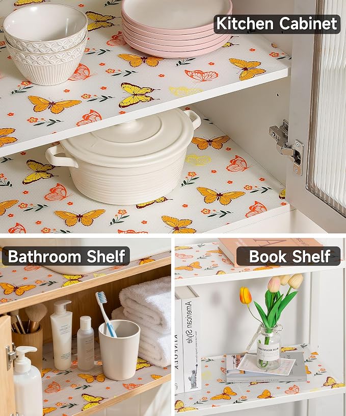 Shelf Drawer Liner for Kitchen Cabinets Non Adhesive - Thickened Waterproof Easy to Clean Washable Shelf Paper for Dresser, Pantry, Cupboard(Colorful Butterfly, 11.8" W x 236" L)