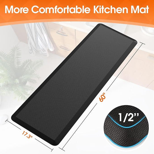 TranquilRelax Extra Large Kitchen Mat Rug, Floor Comfort Mat with Non-Slip Bottom, Waterproof & Stain Resistant & Easy Clean, Standing Desk Mat for Kitchen, Sink, Office (17.3''x60'', Black)