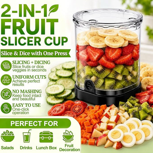 Hendiy 2-in-1 Fruit Slicer Cup, Stainless Steel Strawberry Slicer Dicer with Lid & Push Plate, Portable Kitchen Fruit Cutter for Strawberry Banana Grape Egg Vegetable Salad Gadget