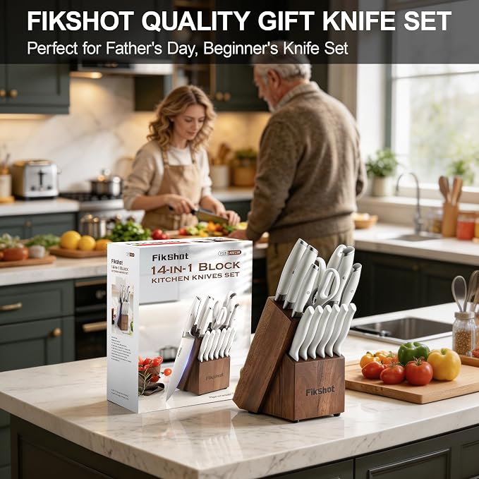 Fikshot 14-Piece Knife Set – German High Carbon Stainless Steel, Professional Chef Knives with Block & Sharpener, Elegant White, Dishwasher-Safe, Modern Kitchens, Ideal Gift for Chef & Father's Day
