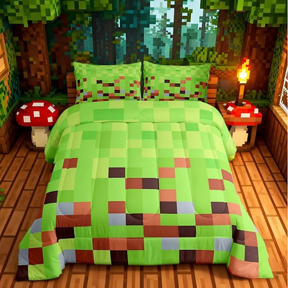 Manfei Pixelated Blocks Bed Comforter Set Queen Size,Gamepad Miners Video Games Super Soft Microfiber Bedding Set for Boys Adults Teens,Geometric Green Camouflage Grid Comforter Set,2 Pillowcases