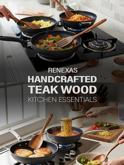 6-Piece Teak Wooden Kitchen Utensil Set – Nonstick Safe Cooking Spoons & Spatulas, Heat Resistant, Durable Natural Wood, Comfortable Grip Handles