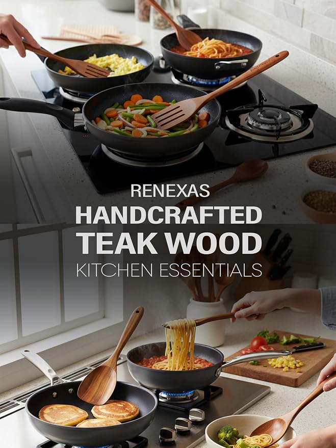 9-Piece Teak Wooden Kitchen Utensil Set – Nonstick Safe Cooking Spoons & Spatulas, Heat Resistant, Durable Natural Wood, Comfortable Grip Handles