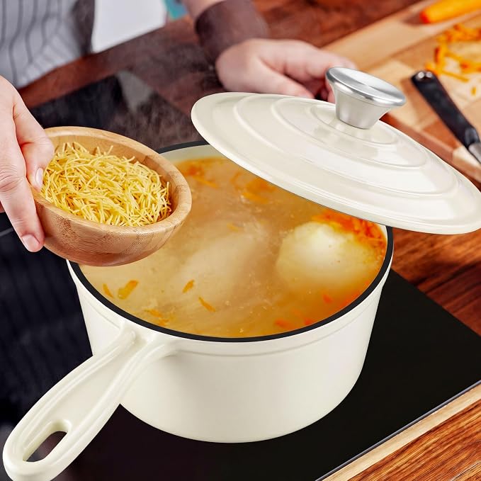 1Qt Enameled Cast Iron Sauce Pan, Leonyo Dutch Oven Pot with Lid, Non Stick Cooking Simmer Pots Induction Kitchen Cookware for All Cooktops Baking Bread, Soup, Ramen - Up to 500°F, Cream White