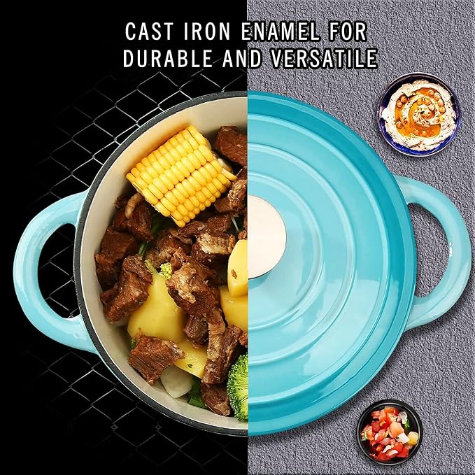 COOKWIN Enameled Cast Iron Dutch Oven, 5 QT Bread Baking Pot with Self Basting Lid, Non-stick Enamel Coated Cookware Pot, Great Christmas Gifts for Family, Teal