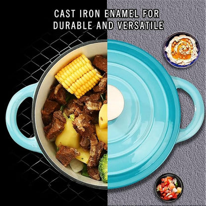 COOKWIN Enameled Cast Iron Dutch Oven, 5 QT Bread Baking Pot with Self Basting Lid, Non-stick Enamel Coated Cookware Pot, Great Christmas Gifts for Family, Teal
