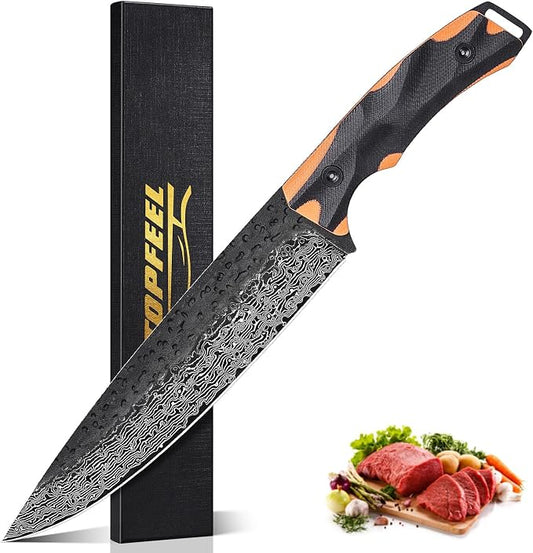 Topfeel 8 Inch Damascus Chef Knife, Professional Kitchen Knife with Japanese VG10 Steel Core, Black Forged Kitchen Knives with G10 Handle, Gifts for Men Women