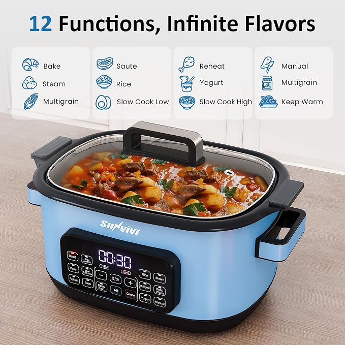 12-in-1 Multicooker, 6.5QT Slow Cooker Roaster Oven, Digital Programmable Multi Functional Pot with Timer Temp Control Delay Start Glass Lid Removable Nonstick Pot, Roast/Steam Rack, Blue