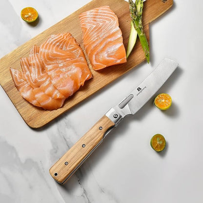 ZhengSheng Folding Chef Knife with Nylon Pouch 4.8” Ultra Sharp 440A Stainless Steel Blade Natural Olive Handle Pocket Foldable Japanese Style Kitchen Knife for Outdoor Camping BBQ trip Cooking.