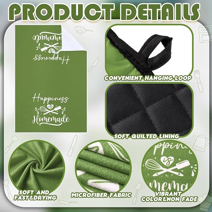 Sratte 6 Pcs Kitchen Decor Accessories Set Farmhouse Towels Pot Holders Oven Mitts Set 2 Dish Towels 2 Potholders 2 Cooking Mittens Oven Glove for Christmas Baking Cooking(Avocado Green,Kitchen)
