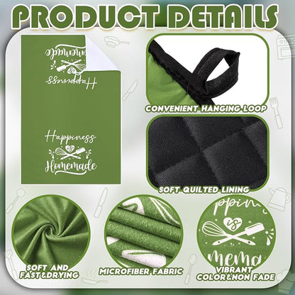 Sratte 6 Pcs Kitchen Decor Accessories Set Farmhouse Towels Pot Holders Oven Mitts Set 2 Dish Towels 2 Potholders 2 Cooking Mittens Oven Glove for Christmas Baking Cooking(Avocado Green,Kitchen)