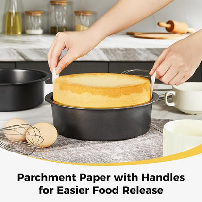 HONGBAKE 8 Inch Round Cake Pan Set for Baking with 100 Pieces Parchment Paper, Nonstick Deeper Circle Cake Pans with Wider Grips, 3 Pieces Layer Cake Tin, Cheesecake Mold, Huty Duty - Grey