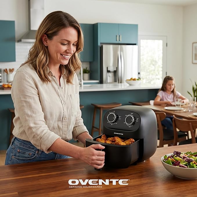 OVENTE 2QT Compact Air Fryer for 1–2 People, 900W Small Oil-Free Fryer with Manual Dual Knobs, Adjustable Temperature, 60 Minute Timer, Auto Shutoff & Dishwasher Safe Nonstick Basket, Black FAM18900B