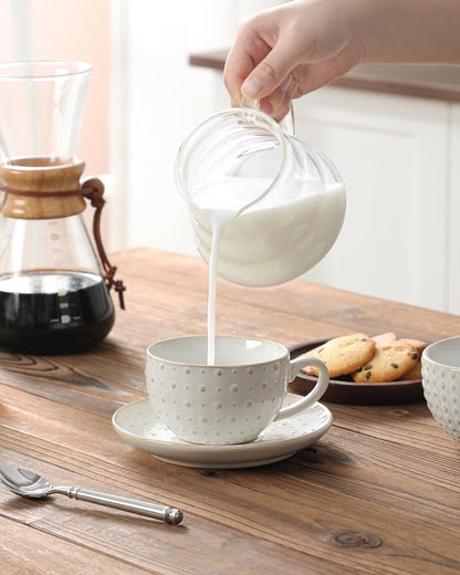MALACASA 6 OZ Cappuccino Cups with Saucers Set of 4 - Ceramic Stackable Tea Cups and Saucers, Embossment Coffee Mugs for Tea, Latte and Mocha, Dishwasher Safe, Arctic white, LYDIA Series