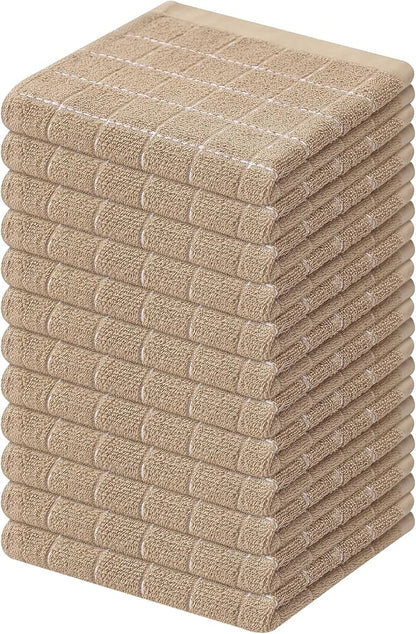 Mordimy 100% Cotton Terry Cloth Dish Cloths, Soft and Absorbent Checkered Dish Towels, Quick Drying Dish Rags for Washing Dishes, 12 Pack, 12 x 12 Inches, Tan