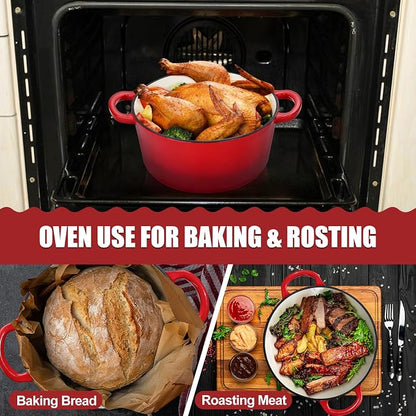 P&P CHEF 5Qt Dutch Oven Pot for Bread Baking (Red), 2 In 1 Round Cast Iron Dutch Oven with Lid Set, Skillet & Pot for Roasting Braising Stewing Frying Simmering, Multi Stoves & Oven Safe