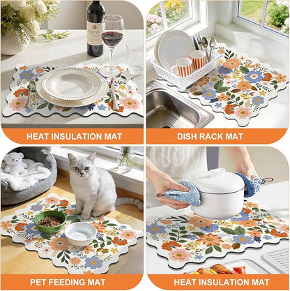 LOKHOM Scalloped Floral Dish Drying Mat, 12"x20" Super Absorbent Coffee Mat with Unique Spring Wildflowers, Cuttable Hide Stain Non-slip Drying Mat for Kitchen Counter Coffee Maker Espresso Machine