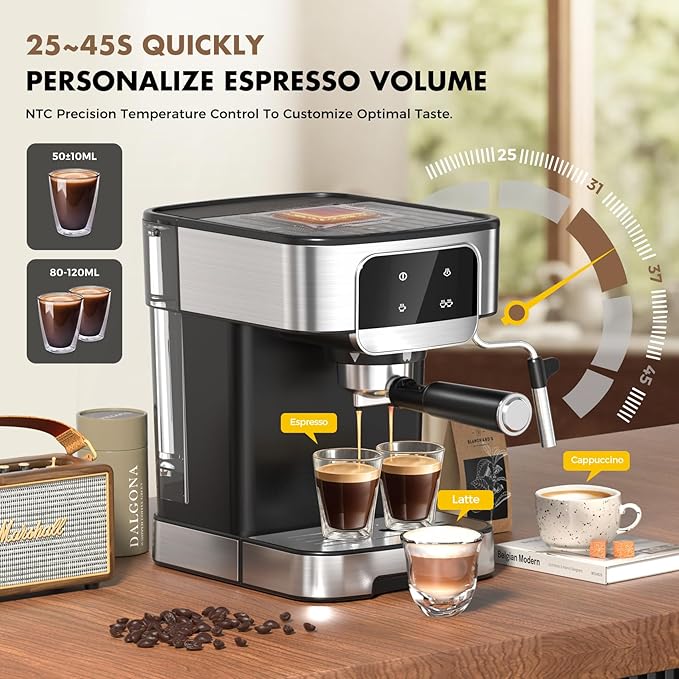 20-BAR Professional Espresso Machine, with Led Touchscreen Controls, Powerful Milk Frother, for Making Cappuccinos & Lattes at Home, Black