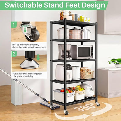 5 Tier Adjustable Storage Shelves, Heavy Duty Metal Storage Rack with Wheels, Shelving Units Utility Shelf for Kitchen, Pantry, Bathroom, Garage, Office Organization and Storage, Black, 13"x24"x59.7"
