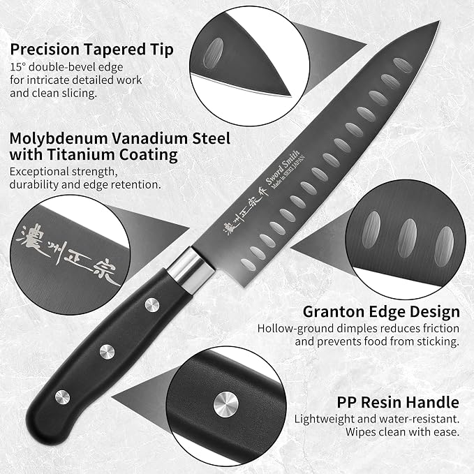 7 Inch Japanese Chef Knife, Made in Japan, High Carbon Molybdenum Stainless Steel Gyuto Knife with Granton Edge Titanium Coated Blade, Kitchen Knife for Slicing Meat