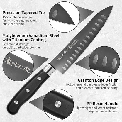 7 Inch Japanese Chef Knife, Made in Japan, High Carbon Molybdenum Stainless Steel Gyuto Knife with Granton Edge Titanium Coated Blade, Kitchen Knife for Slicing Meat