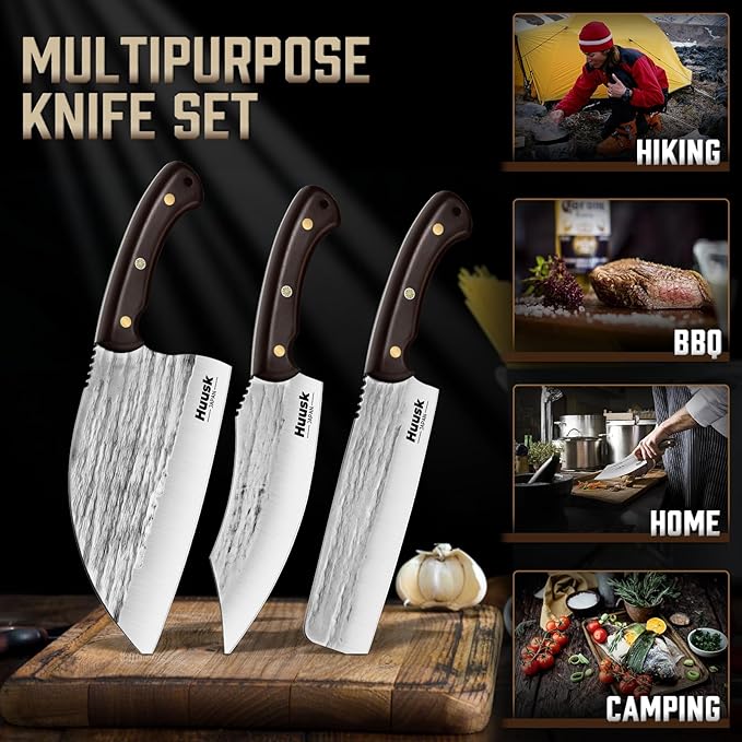 Huusk Serbian Chef Knife Set - 3PCS Hand Forged Butcher Knife Set - Meat Cleaver, Nakiri, Grill Knives with Full Tang Wooden Handle, Gifts for Men and Women