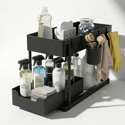 Under Sink Organizer – 2 Tier Sliding cabinet organizer with 4 Hooks & 1 Cup | Multi-Purpose Space Saving Shelf for under kitchen sink storage, Countertop, Bathroom, Pantry & Office Organization