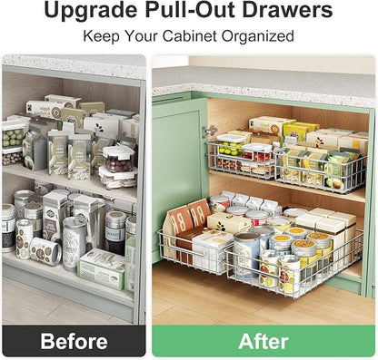 Pull out Cabinet Organizer, Stainless Steel 4-Pack Slide out Drawer with Silent Full-Extension Slides, Adhesive Roll out Can Spice Storage Basket Shelf Rack for Pantry, Kitchen, Bathroom, Home Closet