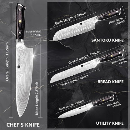 4 Pieces Professional Kitchen Knife Set, Damascus German Stainless Steel Chef Knife Set With Wooden Box, 8" Chef Knife, 5" Utility Knife, 8" Bread Knife, 7" Santoku Knife, Gift for Men Women