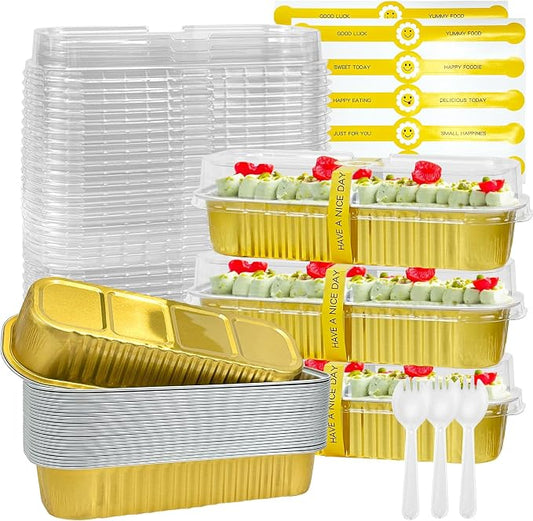 200Pack Gold Mini Cake Pans Disposable Mini Loaf Pans with Lids and Spoons and Stickers, 6.8Oz Aluminum Foil Pans Tins, Individual Dessert Cups Containers for Sales,Party,Picnics