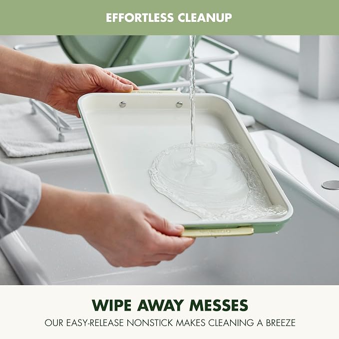 GreenPan Bakeware 13" x 9" Quarter Sheet Pan, Ceramic Nonstick Baking Pan, PFAS & BPA Free, Gold Handles, Durable Steel, Versatile & Space Saving Ovenware, Freezer to Oven Dish, Sage Green