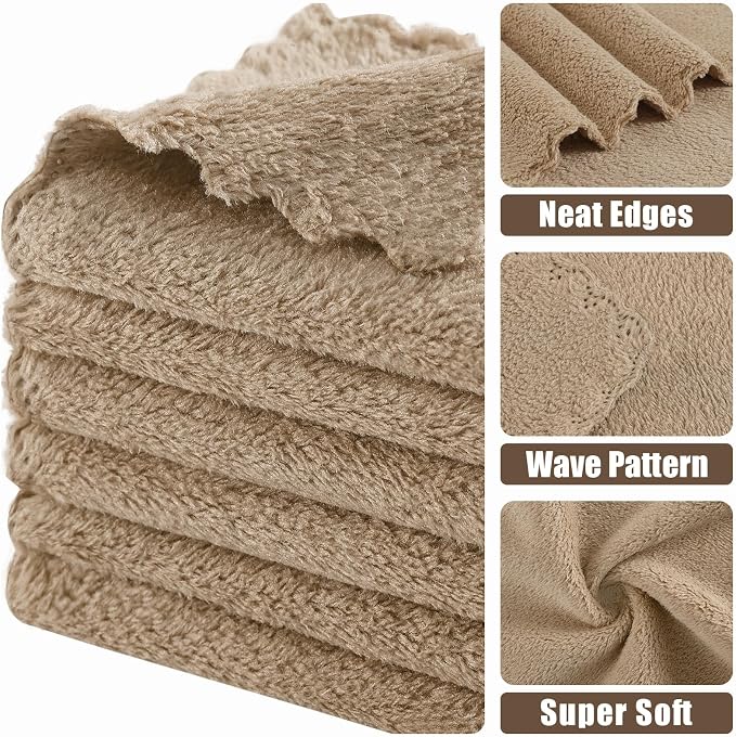 Kitinjoy 24 Pack Kitchen Cloths Dish Towels (10" x 10", Tan), Super Soft and Absorbent Dish Cloths, Nonstick Oil Fast Drying Coral Velvet Microfiber Cleaning