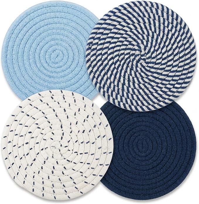 Trivets for Hot Dishes, Hot Pads for Kitchen, 7'' Trivets for Hot Pots and Pans, Pot Holders for Kitchen, Pot Holders Heat Resistant 4-Pcs, Kitchen Essentials for New Home (Blue)