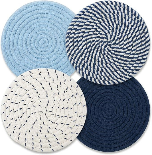 Trivets for Hot Dishes, Hot Pads for Kitchen, 7'' Trivets for Hot Pots and Pans, Pot Holders for Kitchen, Pot Holders Heat Resistant 4-Pcs, Kitchen Essentials for New Home (Blue)