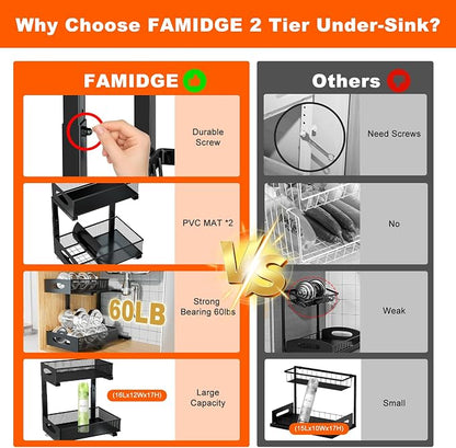 Under Sink Organizer, 2 Packs 2 Tier Under Sink Organizers and Storage, Slide Out Pull Out Cabinet Organizer Shelf, Metal Sliding Drawer for Kitchen Bathroom Pantry Cabinet Closet Organization Rack