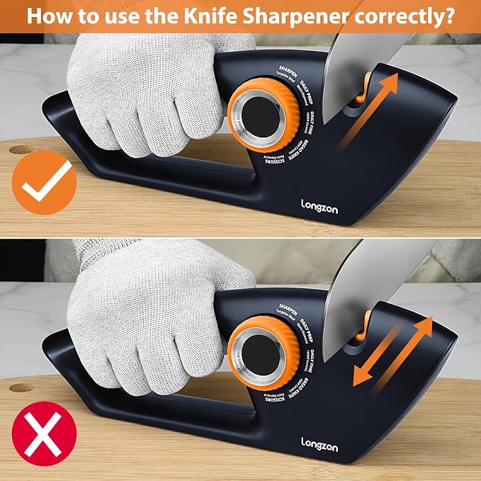 Longzon 6-in-1 Knife Sharpener 5 Stage with Cut-Resistant Glove, Manual Kitchen Tool for Straight & Serrated Knives, Quickly Sharpens Restores & Polishes Dull Blades Safe for Home Kitchen, Navy+Orange