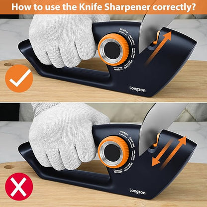 Longzon 6-in-1 Knife Sharpener 5 Stage with Cut-Resistant Glove, Manual Kitchen Tool for Straight & Serrated Knives, Quickly Sharpens Restores & Polishes Dull Blades Safe for Home Kitchen, Navy+Orange