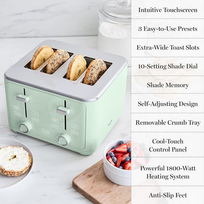 Martha Stewart 4 Slice Toaster, 10 Shade Settings with Defrost, Cancel, Bagel & Gluten-Free, Extra-Wide Self-Centering Slots for Waffles, Artisan Bread, Removable Crumb Tray, Cord Wrap,1800W, Honeydew