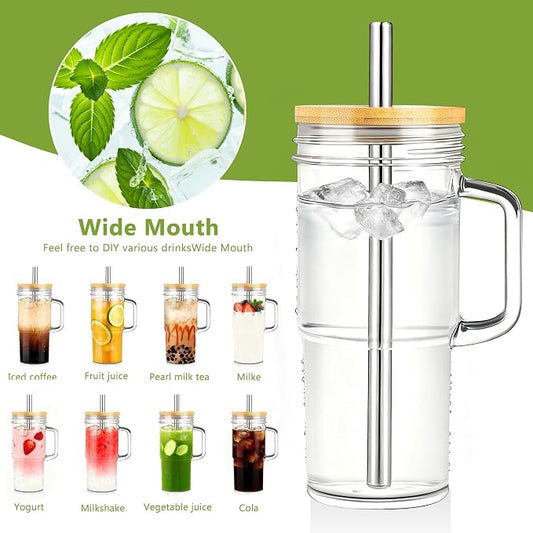 Birity 24oz Glass Cups with Lids and Straws,Glass Tumbler with Handle,2 set–Reusable Glass Ice Coffee Cups with Lid and Straw for Smoothies,Tea,Juice,Boba Cup for Cold & Hot Drinks,Travel Cup
