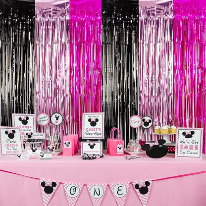 LOLStar 3 Pack Cartoon Mouse Birthday Party Supplies,3.3x6.6 ft Black Pink Fuchsia Tinsel Foil Fringe Curtains,Cartoon Mouse Photo Booth Prop Streamer Backdrop, Kawaii Party Decoration for Girls Baby