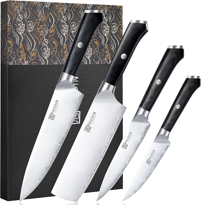 PAUDIN Kitchen Knife Set, Ultra-Sharp Damascus Clad Steel Knives for Meat and Vegetables, Ergonomic Wooden Handle,62 HRC Modern Kitchen Chef Knife Set for Cooking,BBQ,Meal Prep,Gifts for Men and Women