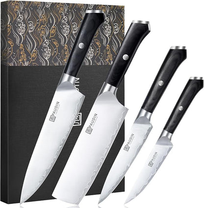 PAUDIN Kitchen Knife Set, Ultra-Sharp Damascus Clad Steel Knives for Meat and Vegetables, Ergonomic Wooden Handle,62 HRC Modern Kitchen Chef Knife Set for Cooking,BBQ,Meal Prep,Gifts for Men and Women
